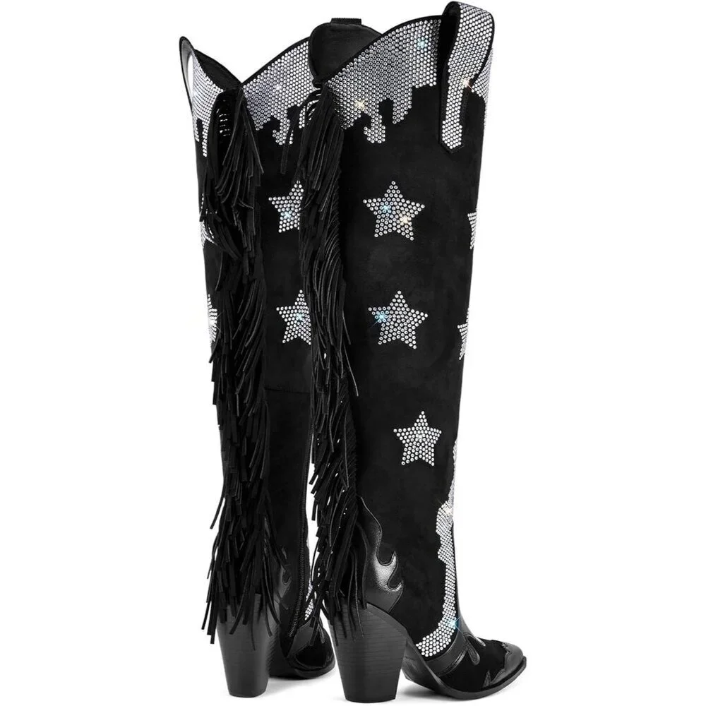 Women Faux Suede Black Rhinestone Embellished  Pointed Toe Knee High Boots
